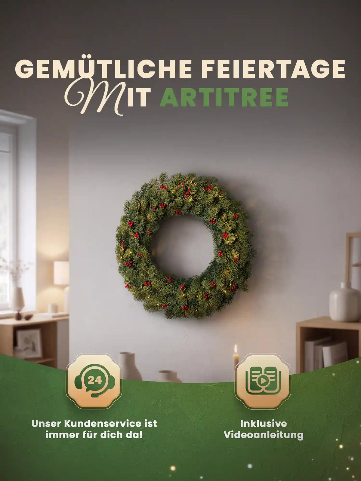 Kunstkerstkrans met rode bessen en ledverlichting hangt decoratief in een gezellige woonkamer