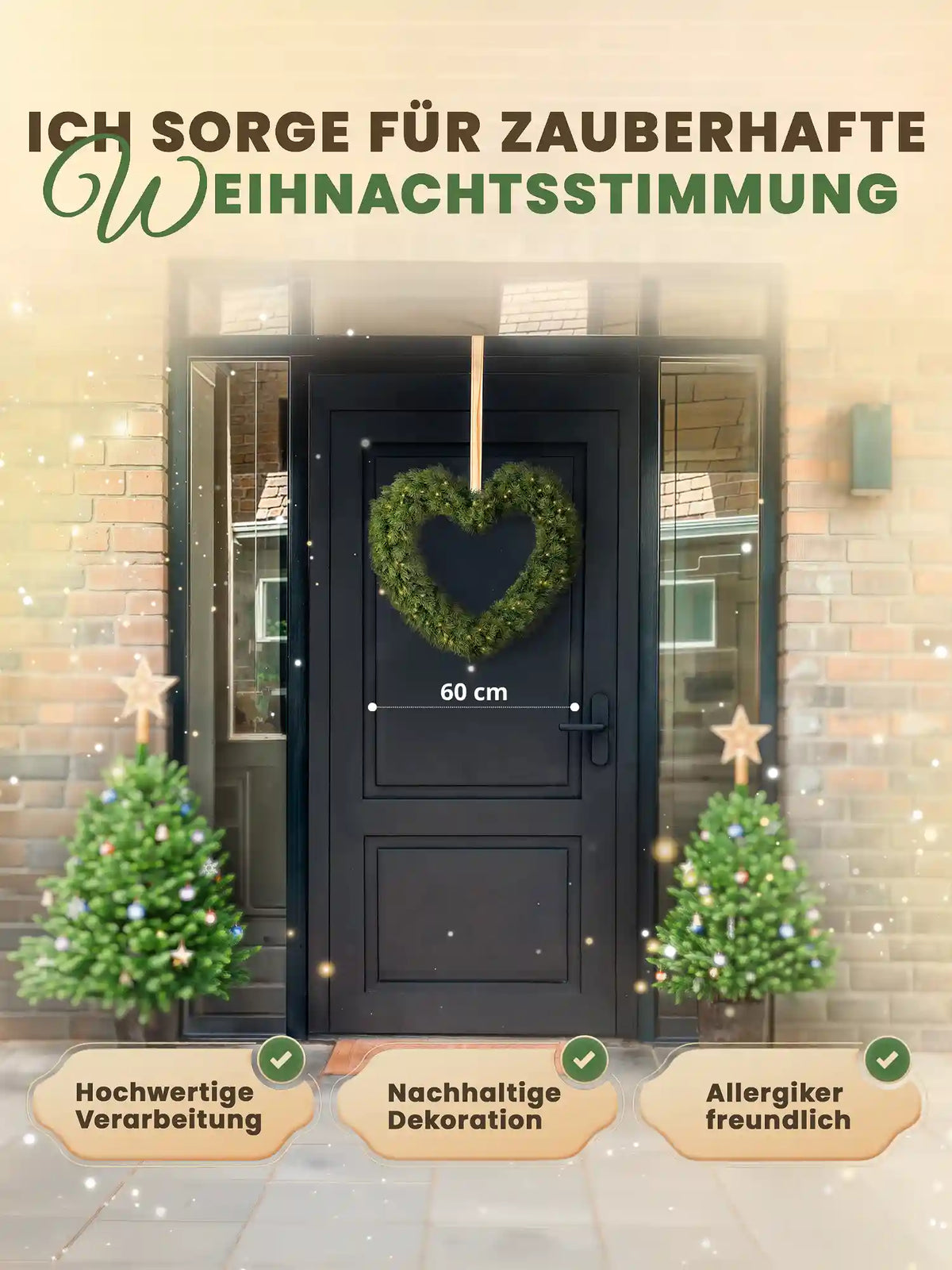 Artificial heart-shaped Christmas wreath by ArtiTree, 60cm, hanging on a black front door
