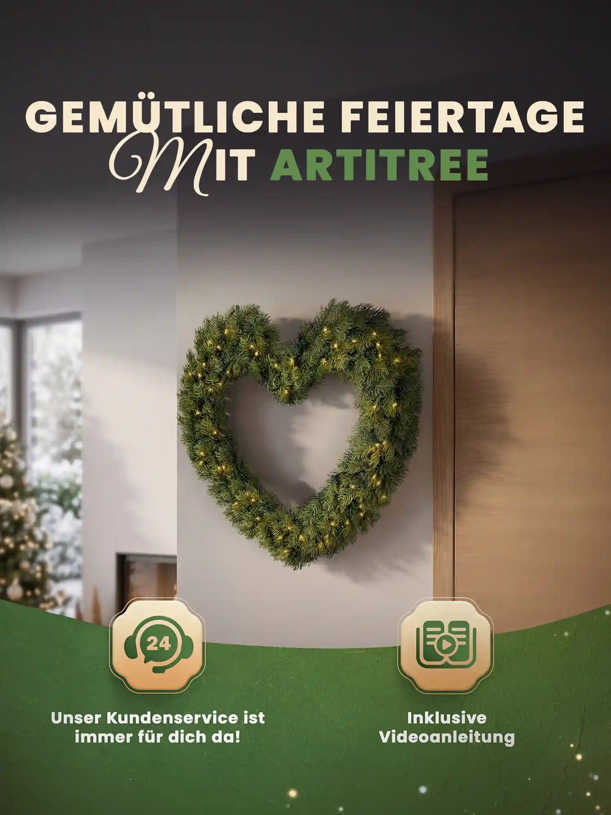 Artificial Christmas wreath in a heart shape with LED lights hanging decoratively on a light-colored wall in a cozy living room