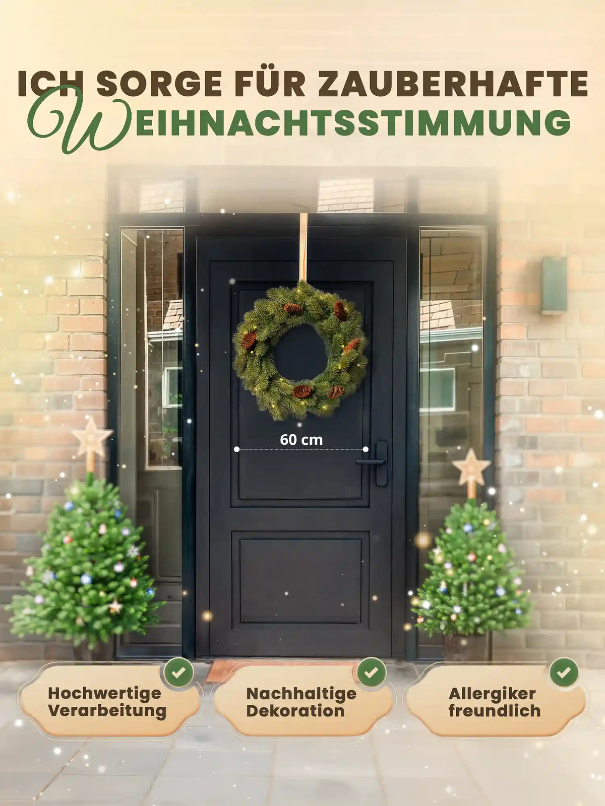 Kunstkerstkrans van ArtiTree, 60 cm, met dennenappels aan een zwarte voordeur