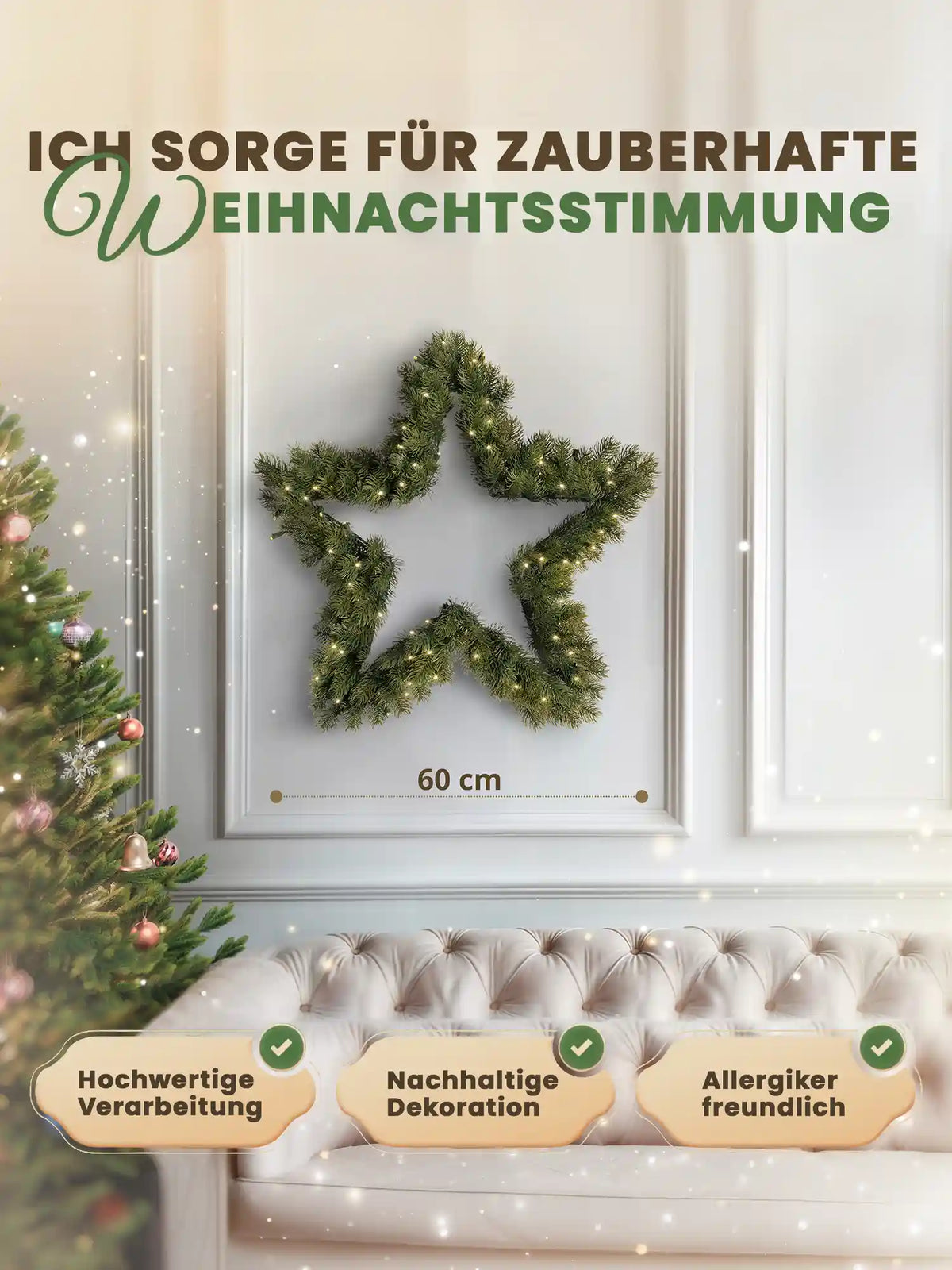 Star-shaped artificial Christmas wreath, 60cm, by ArtiTree, with dimensions shown against a white wall