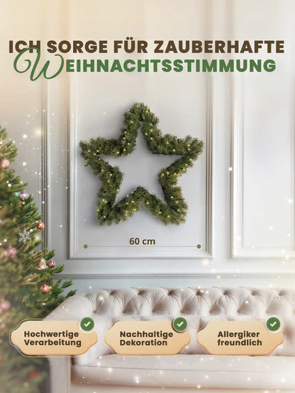 Star-shaped artificial Christmas wreath, 60cm, by ArtiTree, with dimensions shown against a white wall