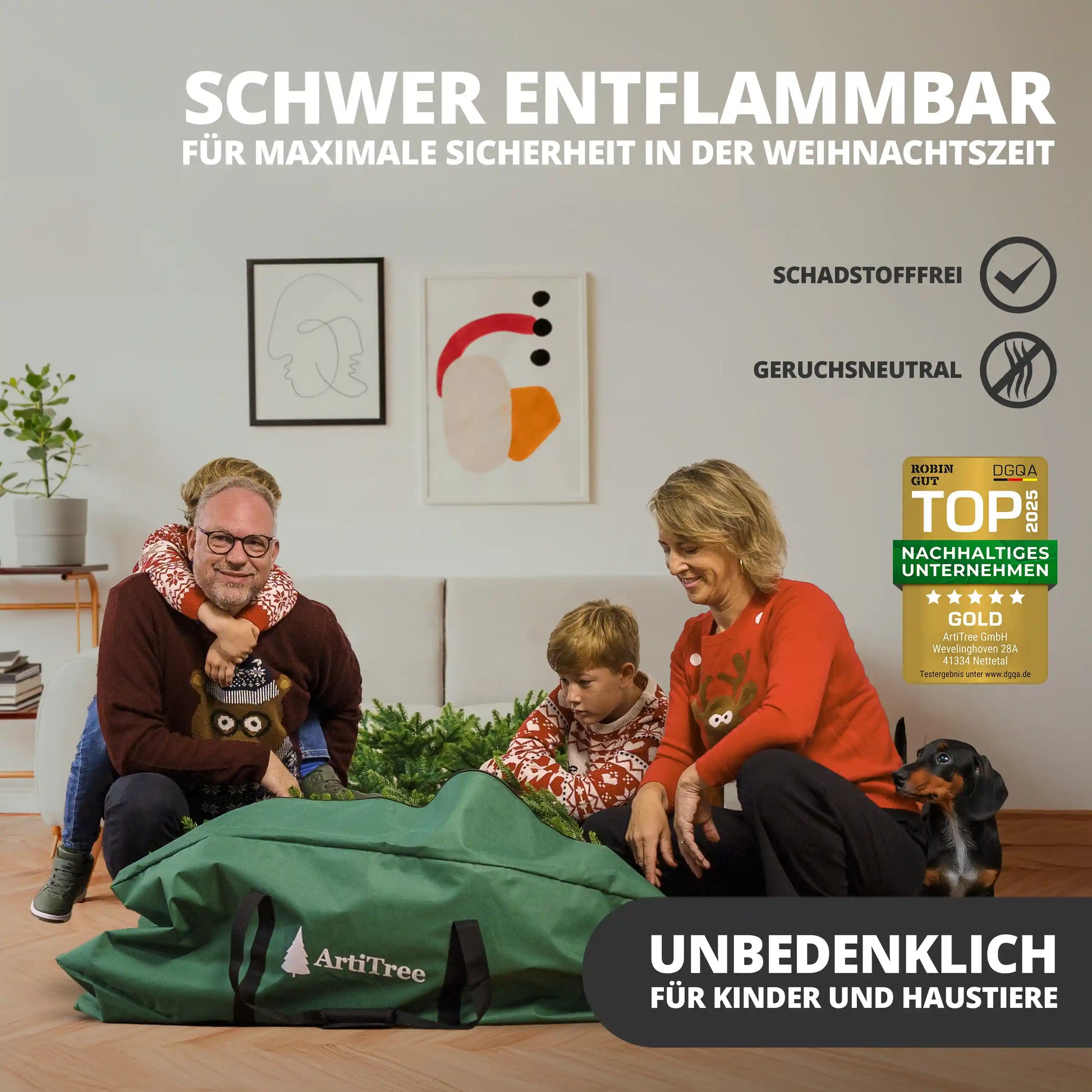 Künstlicher Weihnachtsbaum Nordmanntanne von ArtiTree schwer entflammbar, geruchsneutral und schadstofffrei – sichere Weihnachtsdekoration für Familien