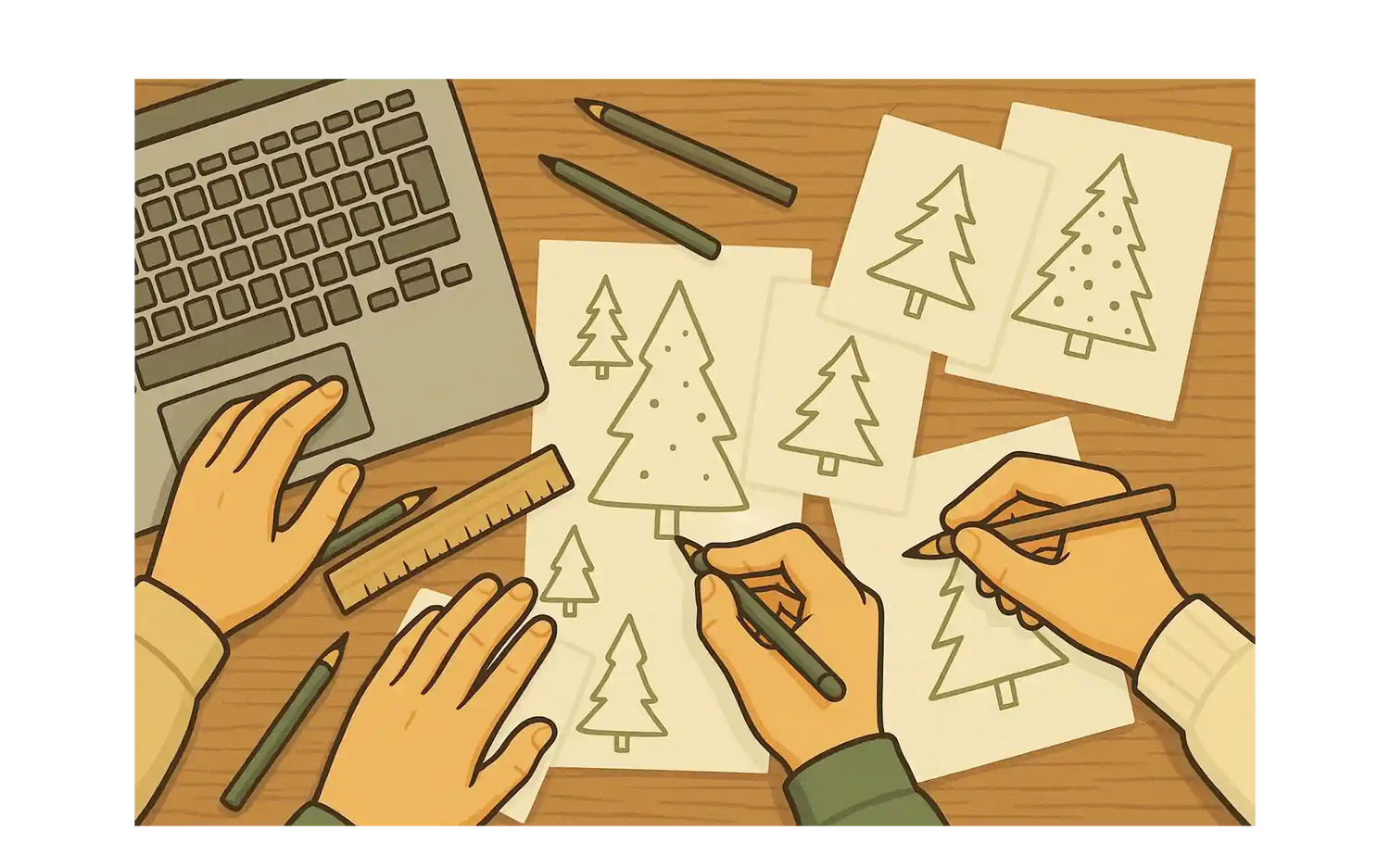 Skizzen von Weihnachtsbäumen Comic