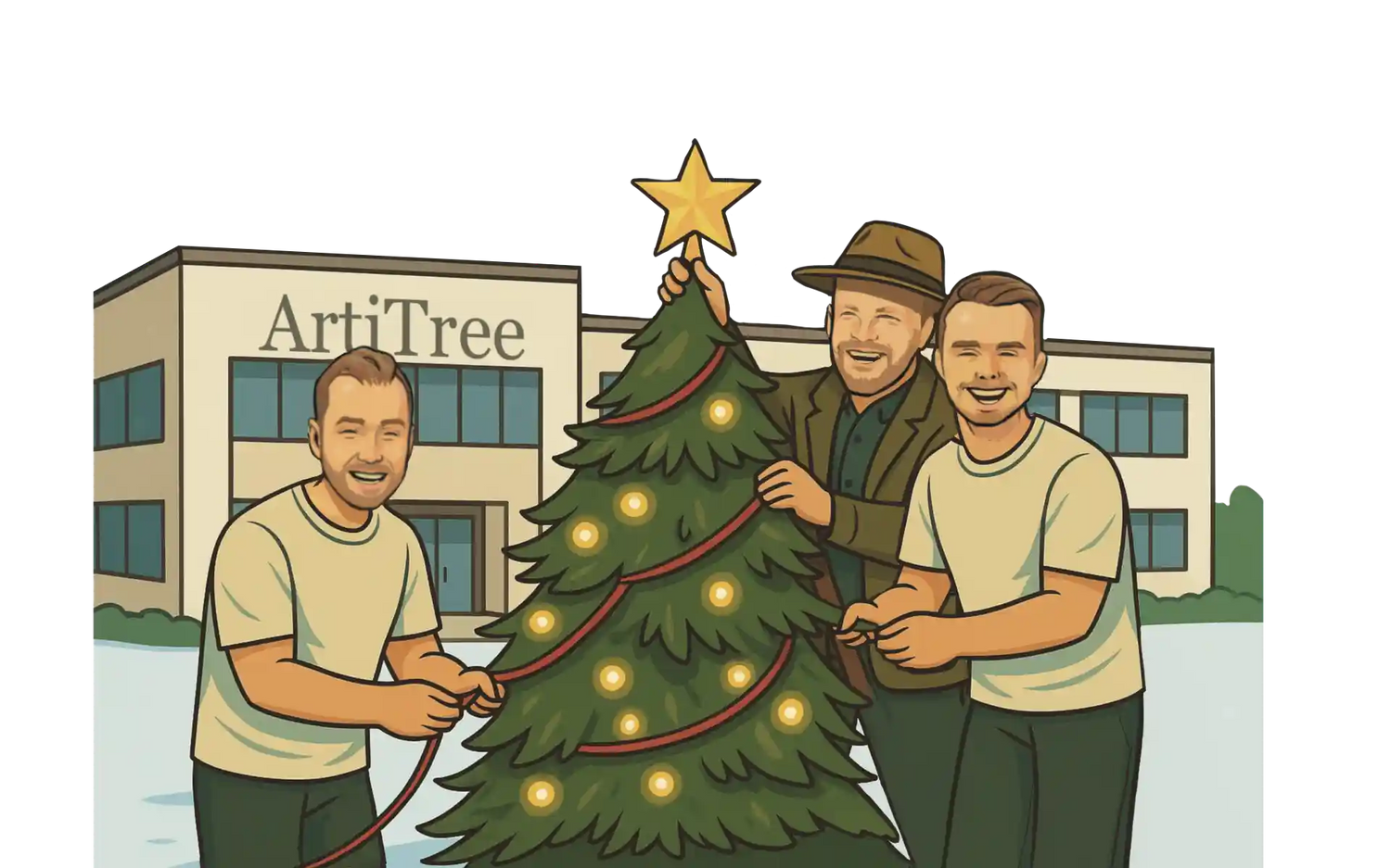 Drei Gründer glücklich mit einem fertigen, künstlichen Weihnachtsbaum als Comic