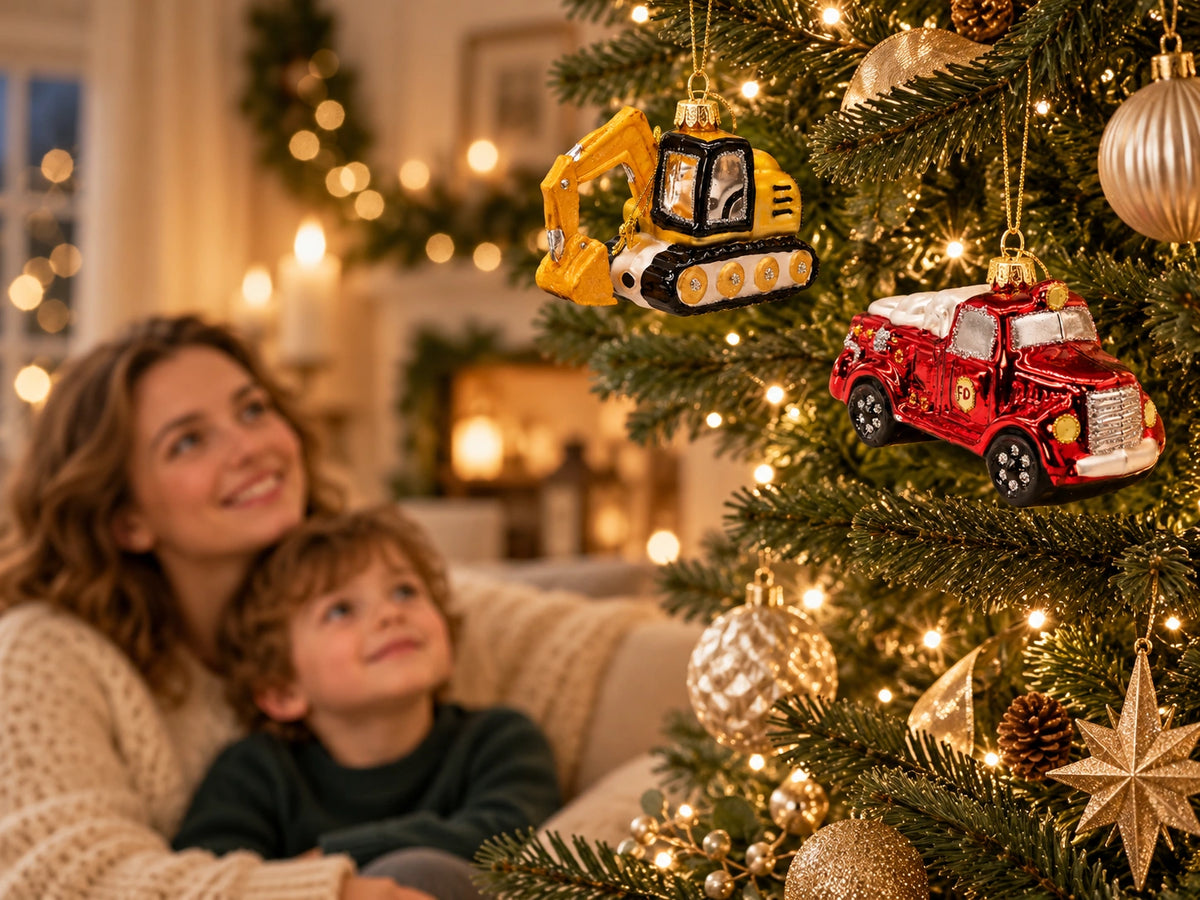 ArtiTree Glasfiguren Beruf & Handwerk: Hydraulikbagger und Feuerwehrauto als Baumschmuck – im Hintergrund Mutter und Kind beim gemeinsamen Schmücken des Weihnachtsbaums