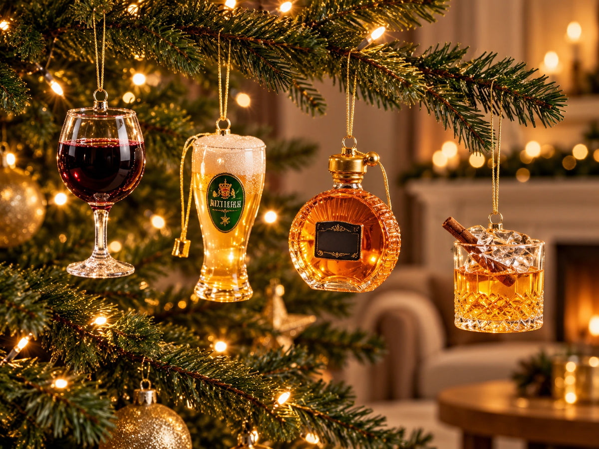 ArtiTree Glasfiguren Wein, Bier & Whiskey: Rotweinflasche, Weizenglas, Whiskeyflasche und Whiskeyglas als Glasornamente am Weihnachtsbaum – Lifestyle-Bild