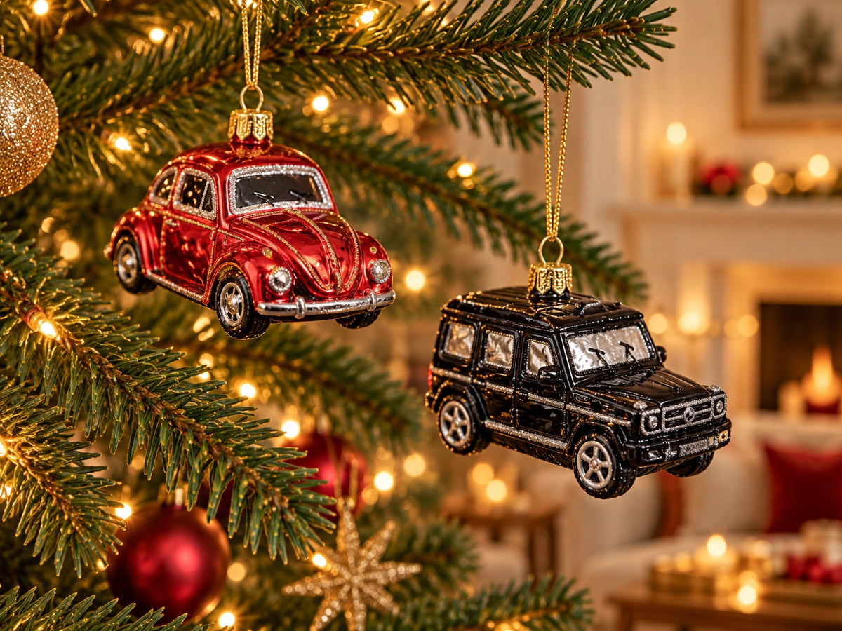ArtiTree Glasfiguren Oldtimer & Geländewagen: Roter VW Käfer und schwarzer Geländewagen als Glasornamente – Nahaufnahme am festlich beleuchteten Weihnachtsbaum