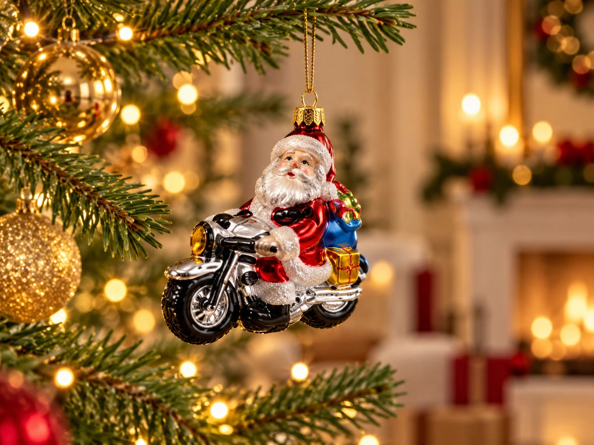 ArtiTree Glasfigur Santa auf Motorrad: Weihnachtsmann auf silber-schwarzem Chopper mit Geschenkesack als Glasornament am beleuchteten Weihnachtsbaum – Lifestyle-Bild