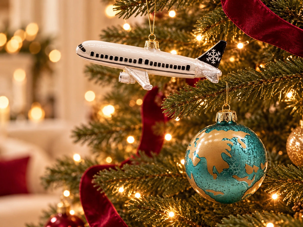 ArtiTree Glasfiguren Reisen: Weißes Flugzeug und Weltkugel als Glasornamente – Nahaufnahme am Weihnachtsbaum, Lifestyle-Bild Abflug