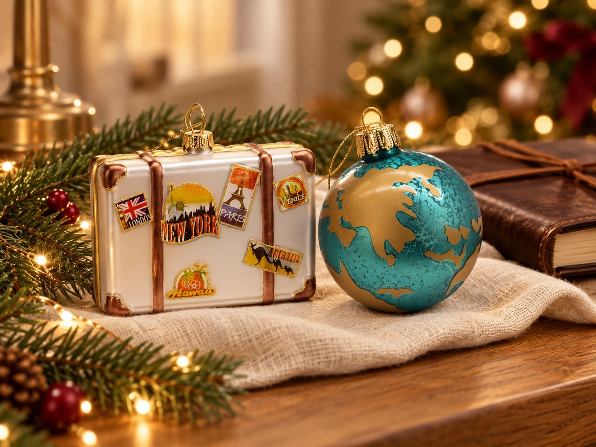 ArtiTree Glasfiguren Reisen: Reisekoffer und Weltkugel als Glasornamente auf einem Tisch mit Reisebuch – stimmungsvolles Lifestyle-Arrangement Fernweh