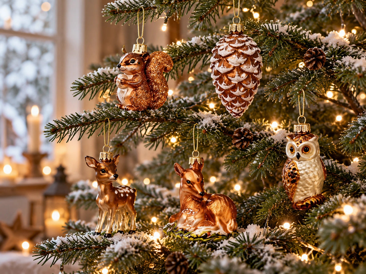 ArtiTree Glasfiguren Waldtiere: Eichhörnchen in Kupfer-Glitter, verschneiter Tannenzapfen, stehendes Hirschkitz, liegendes Rehkitz und weiße Eule als Glasornamente am schneebedeckten Weihnachtsbaum