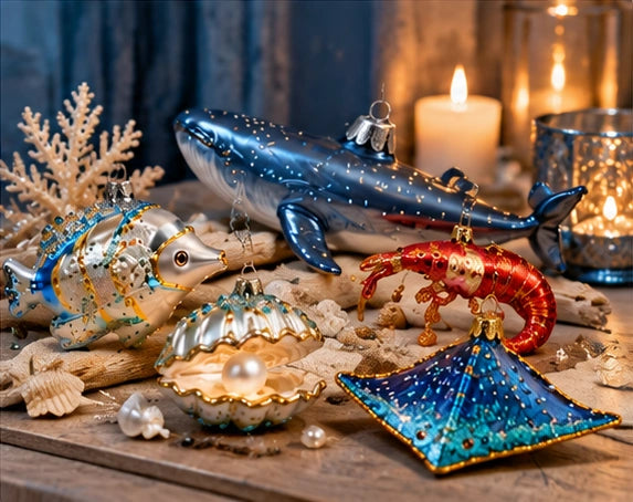 AtiTree Weihnachtsbaumschmuck: Glasfiguren Wal, Auster, Stachelrochen, Garnele und Kaiserfisch