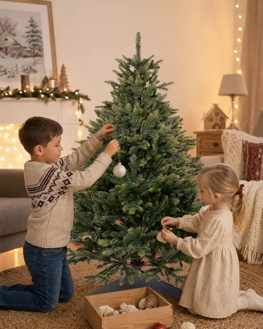 Kinder schmücken einen künstlichen Weihnachtsbaum 120cm Nordfichte von ArtiTree