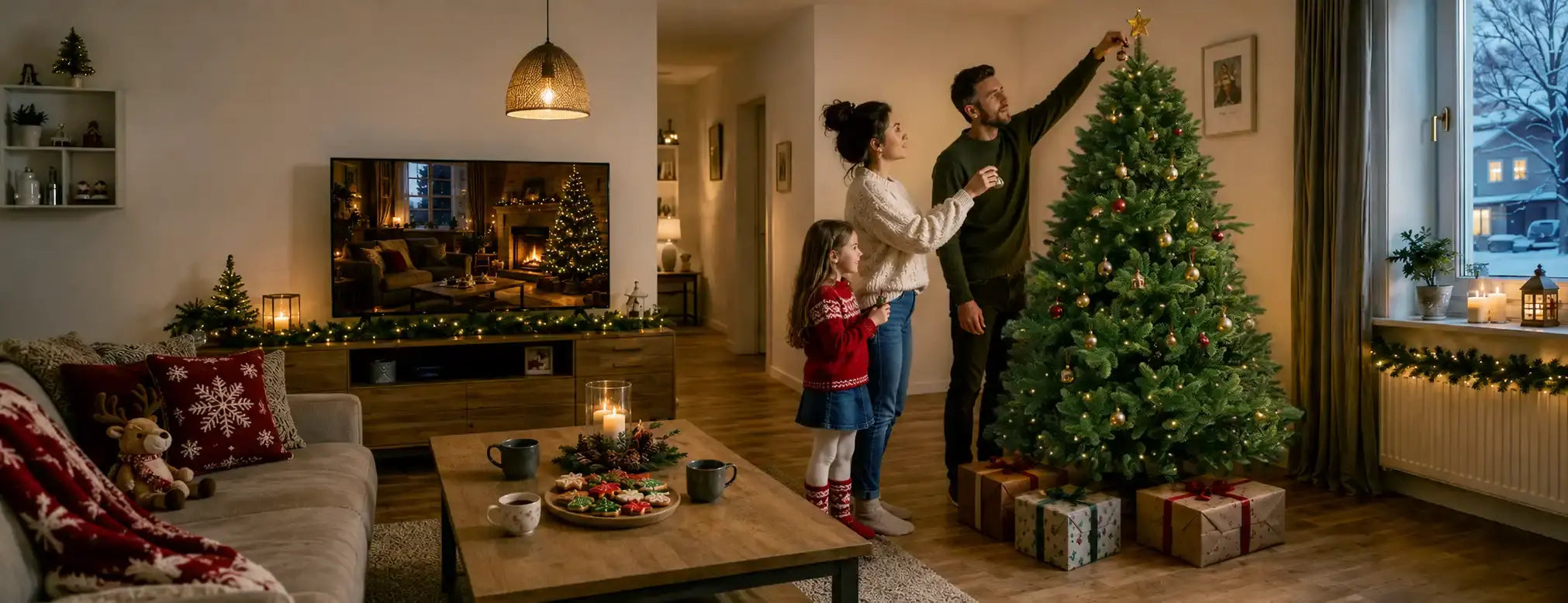 Familie schmückt einen 210cm künstlichen Weihnachtsbaum von ArtiTree