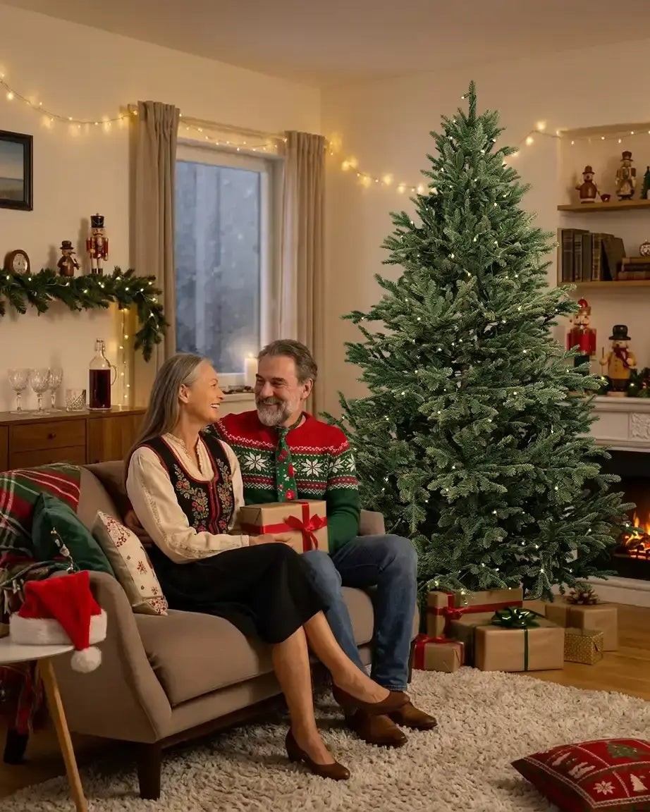 Ehepaar sitzt neben einem künstlichen Weihnachtsbaum 210cm Nordfichte von ArtiTree