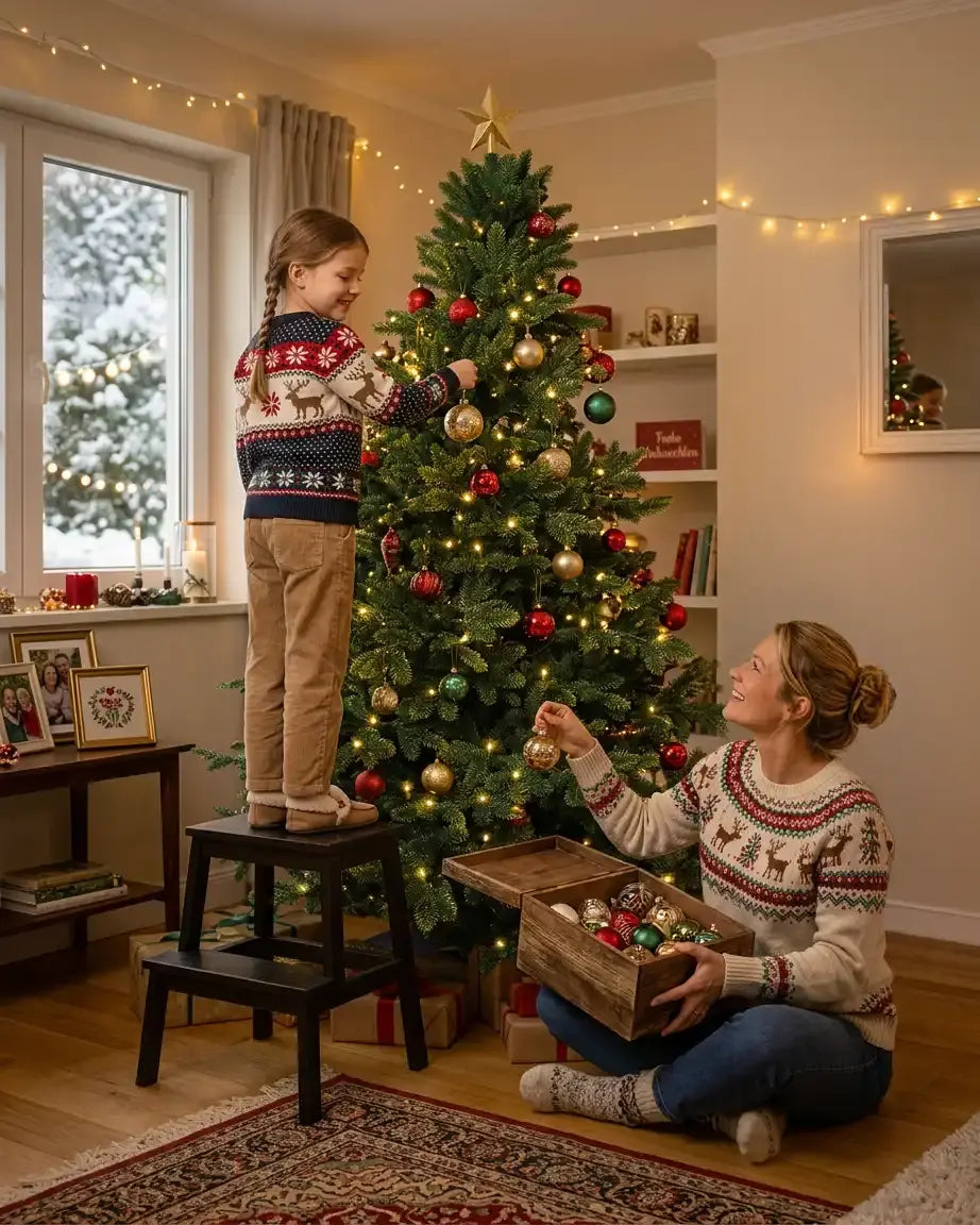 Mutter und Tochter schmücken einen künstlichen Weihnachtsbaum 210cm Nordmanntanne von ArtiTree
