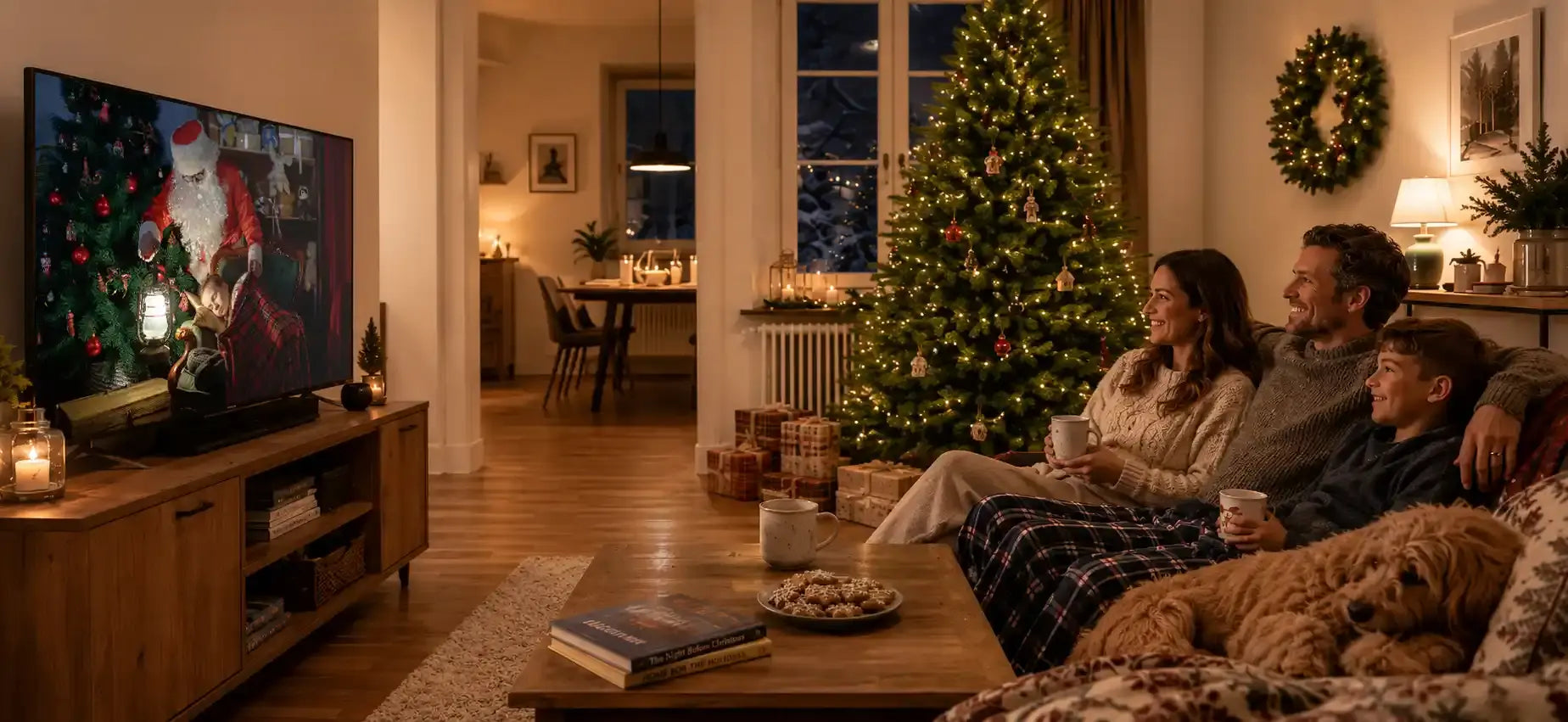Familie sitzt gemütlich im Wohnzimmer, während im Hintergrund ein Künstlicher Weihnachtsbaum 240cm von ArtiTree zu sehen ist
