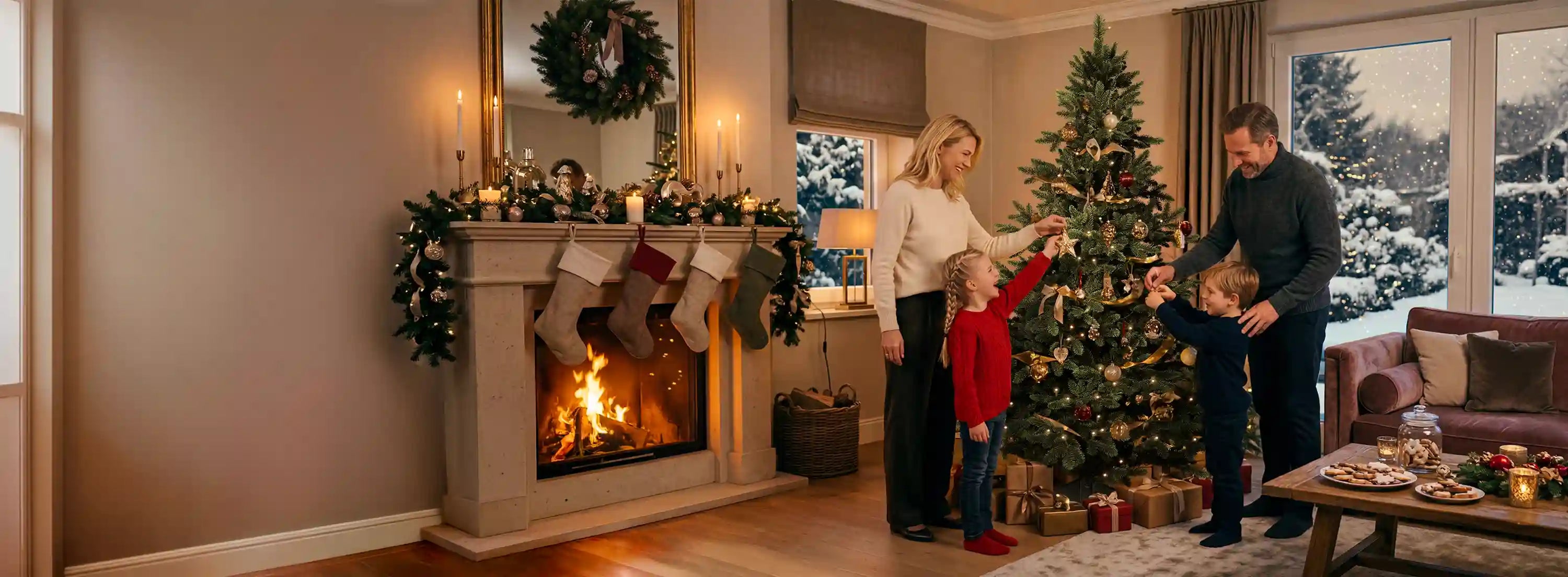 Familie schmückt einen künstlichen Weihnachtsbaum