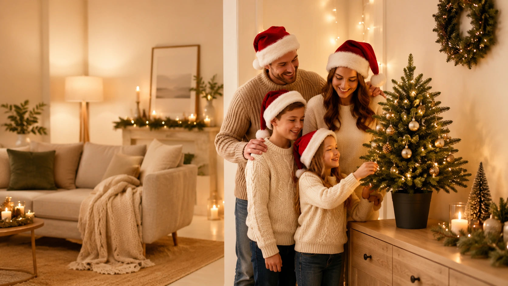 Familie schmückt ihren künstlichen Weihnachtsbaum im Topf von ArtiTree