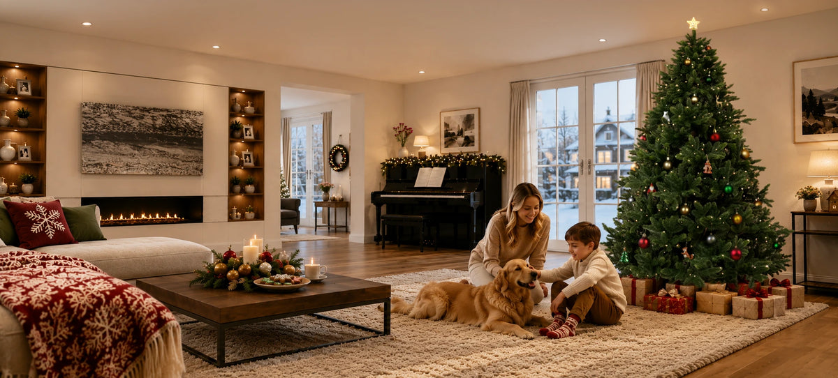 Family sitting next to an artificial Christmas tree with integrated lighting from ArtiTree