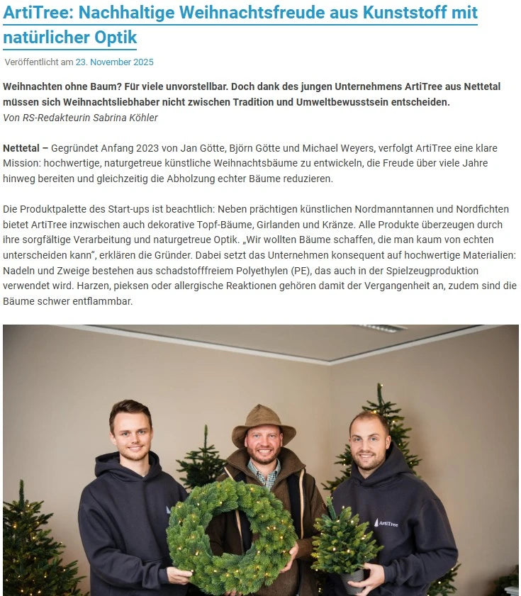 Rheinischer Spiegel Artikel über die Nachhaltigkeit und Optik der künstlichen Weihnachtsbäume von ArtiTree