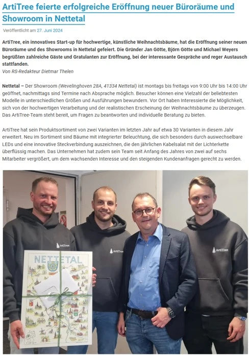 Rheinischer Spiegel Artikel über die Eröffnung neuer Büroräume und eines Showrooms von ArtiTree in Nettetal