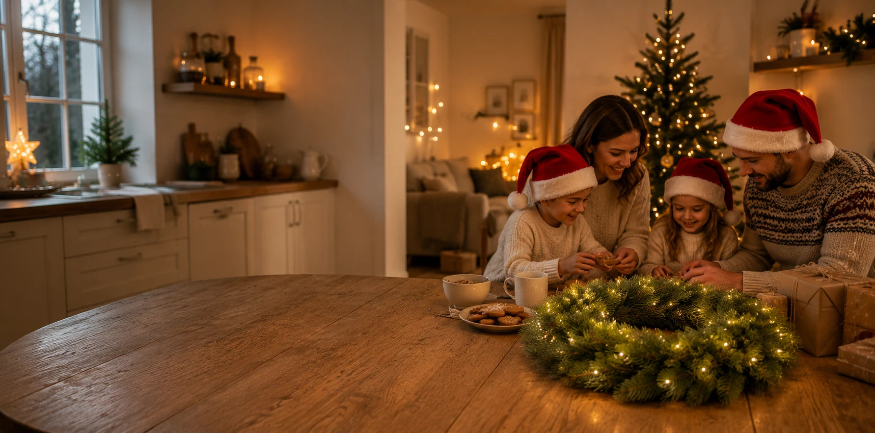 Familie bewundert ihren künstlichen Weihnachtskranz von ArtiTree