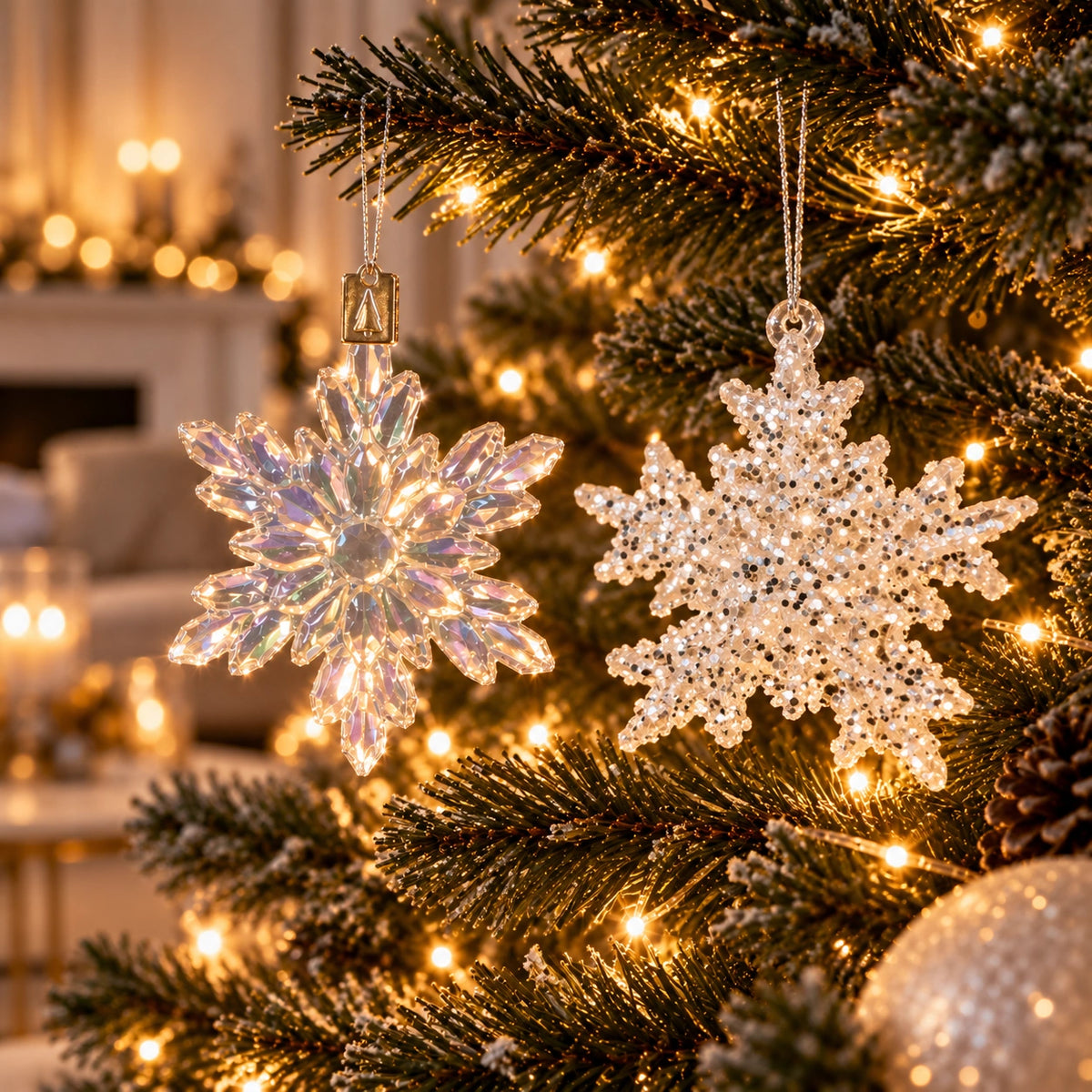 ArtiTree Glasfiguren Winterweiß: Große irisierende Schneeflocke und weiße Glitzerschneeflocke nebeneinander am beleuchteten Weihnachtsbaum – Nahaufnahme zwei Oberflächen